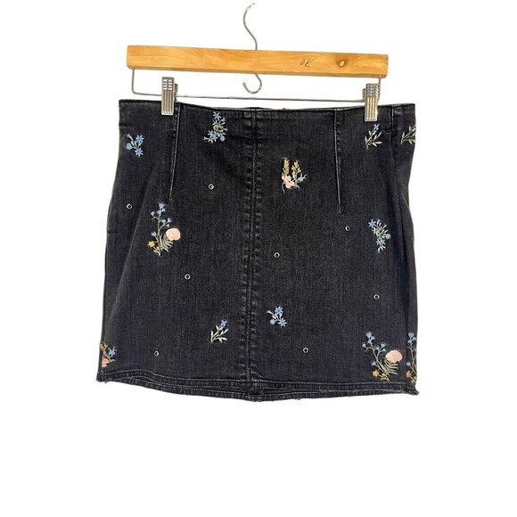 Retro Floral Denim Skirt Black M Embroidery Preppy Western Boho Hippie Indie 80s - Picture 1 of 10